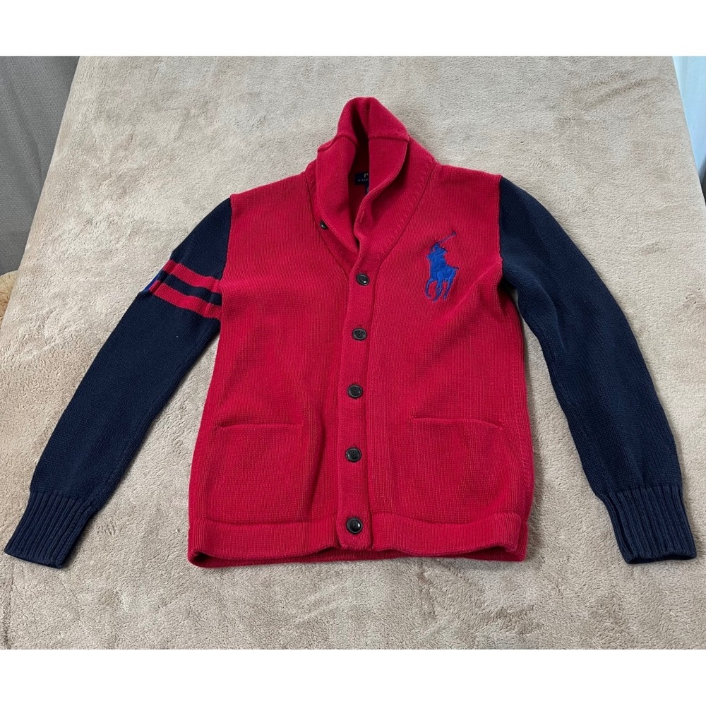 Polo Ralph Lauren Shawl Collar Cardigan, kids, M (10-12), Red Big Pony euc
